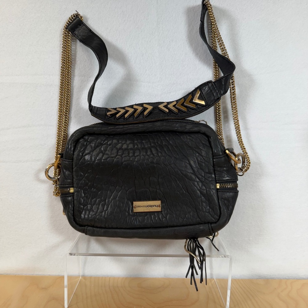 Alexis Hudson Black Leather Crossbody‎ Bag Gold Chain Tassel Designer Purse